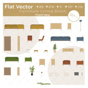 Peut inclure: Illustration vectorielle plate de meubles de salon, comprenant des canapés, des chaises et des meubles de rangement. L'image présente divers modèles de meubles dans un style minimaliste, avec le texte "Furniture Living Room Front View".