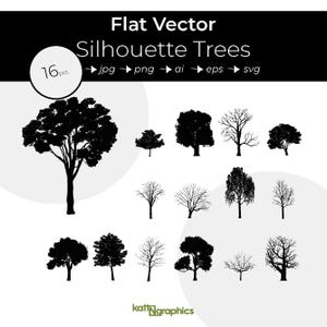 May include: A set of 16 black silhouette tree illustrations. The trees are in various shapes and sizes, and are perfect for use in design projects.
