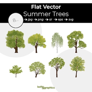 Árboles de verano - Ilustración gráfica vectorial plana - 8 árboles prediseñados - ai, png, jpg, eps, svg