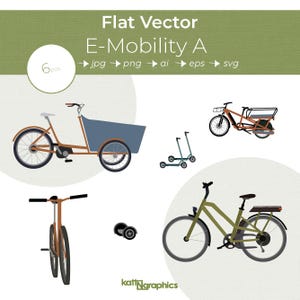 Illustrazioni di mobilità elettrica sostenibile - Grafica vettoriale piatta - 6 Clipart - Cargo E-Bike, E-Bike, Hoverboard, E-Scooter - ai, png, jpg, eps, svg