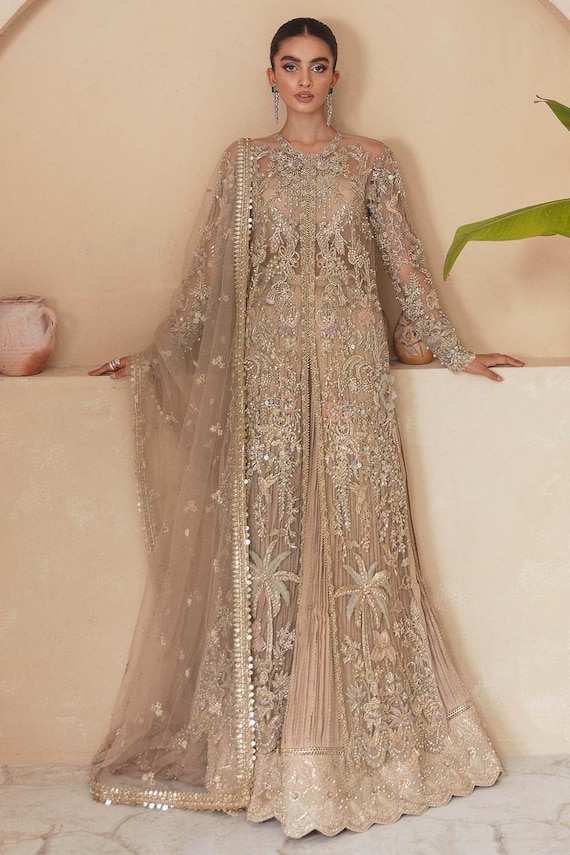 Dull Gold Bridal Gown with Pastel Embroidery Dull Gold Bridal Gown with Pastel Embroidery