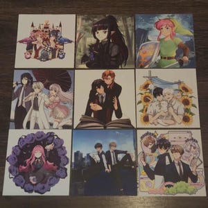 May include: A collection of nine square art prints featuring diverse anime-style illustrations. The images depict various characters in settings including a castle, a forest, a sunflower field, and urban environments, rendered in vibrant colors.