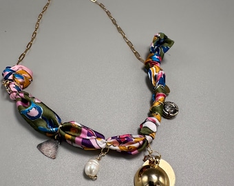 silk floral charm scarf necklace