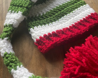 Christmas elf hat, green and white stripe hat with red pom pom