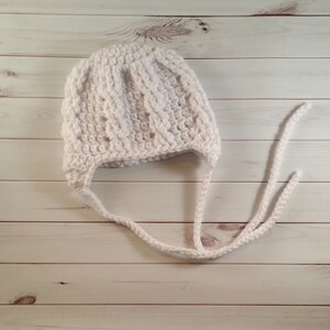 Crochet Newborn Hat: Antique White Cable Knit, Earflap Photo Prop