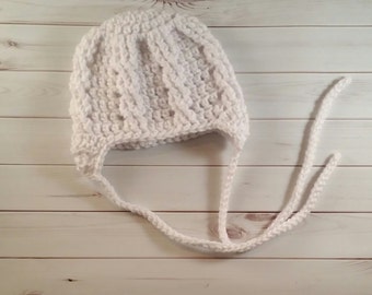 Crochet Newborn Hat: Antique White Cable Knit, Earflap Photo Prop