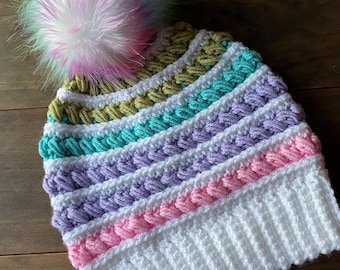 Crochet woman’s textured pom hat, woman’s crochet hat, winter hat for her