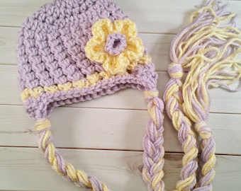 Newborn Baby Girl Earflap Flower Hat,Purple and Yellow, Outfit Costume, Crochet Spring Hat, Easter