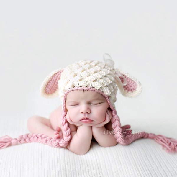 Crochet Lamb Hat, Animal Hat, Newborn Lamb Hat, Baby Girl Hat, Baby Boy Hat, Hat with Ears, Sheep Hat, Baby Shower Gift, Easter Hat