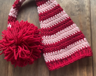 Crochet 0-3 Month Red and Pink Striped Baby Elf Hat - Handmade, Newborn Photo Prop