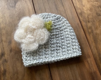 Gray Mohair Flower Hat for Baby Girls 0-3 Months