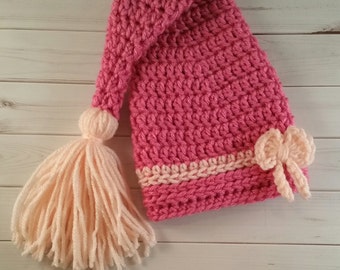Newborn Elf Hat Stocking Cap Crochet Stocking Photo Prop Baby Girl Hat long cap newborn cap pink baby girl hat girl elf