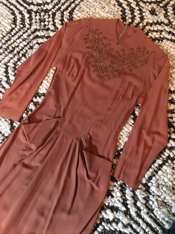 1940s evening gown. Copper orange in color. Beaded