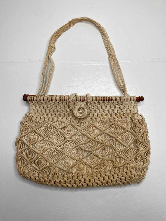90's Rainbow Macramé Wooden Circle Handle Handbag