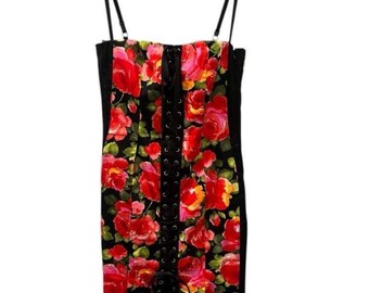 Tadashi Shoji Vintage 90's Floral Lace Up Strapless Dress Size 12 Zipper Red