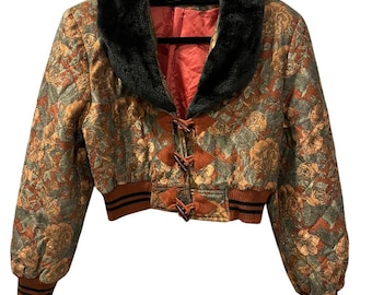 Vtg 80s 90s Kofoo Cropped Tapestry Bomber Jacket Faux Fur Collar Floral Size S/M