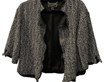 St John Couture Herringbone Open Front Cropped Swing Jacket Knit Black White 12