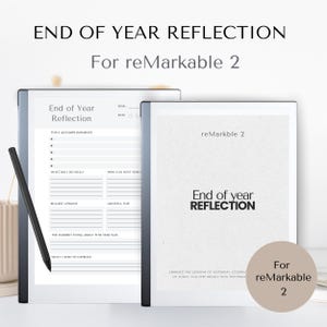 Puede incluir: Dos tabletas reMarkable 2 con plantillas de "Reflexión de Fin de Año". Una tableta muestra una plantilla rellena y la otra una plantilla en blanco. Un lápiz óptico negro descansa sobre la primera tableta. También se ve el texto "For reMarkable 2".