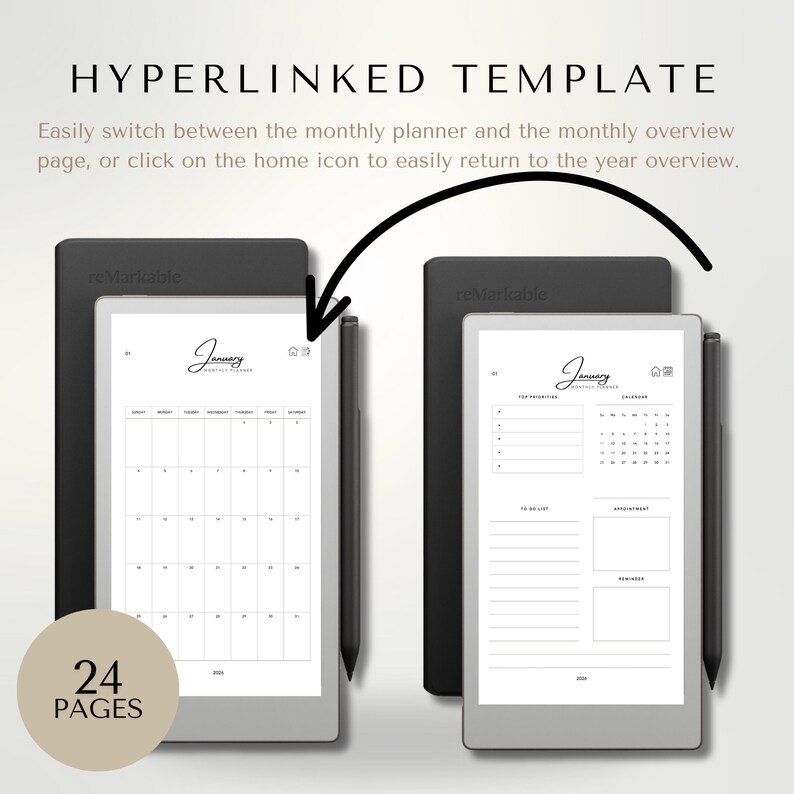 Remarkable Paper Pro Move 2026 Calendar | Hyperlinked Digital Planner ...