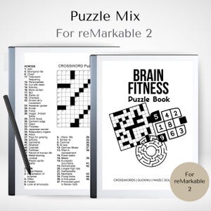 May include: A digital puzzle book for reMarkable 2 tablets. The image shows a crossword puzzle, a sudoku puzzle, and a maze. The text on the cover reads "Brain Fitness Puzzle Book". A stylus is visible on the left.