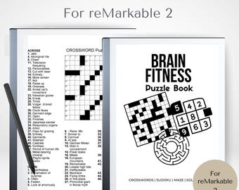 May include: A digital puzzle book for reMarkable 2 tablets. The image shows a crossword puzzle, a sudoku puzzle, and a maze. The text on the cover reads "Brain Fitness Puzzle Book". A stylus is visible on the left.