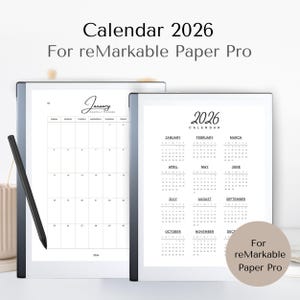 May include: Two digital calendars for reMarkable Paper Pro, displaying the year 2026. One calendar shows a monthly planner for January, and the other displays the full year. A black stylus is positioned on the left. Text on the image reads "Calendar 2026 For reMarkable Paper Pro."
