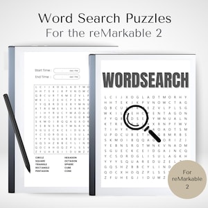 May include: Two reMarkable 2 tablets displaying word search puzzles. One tablet shows a puzzle with a list of shapes, the other has the word "WORDSEARCH" in large letters. A stylus is on the left. Text reads "Word Search Puzzles For the reMarkable 2".