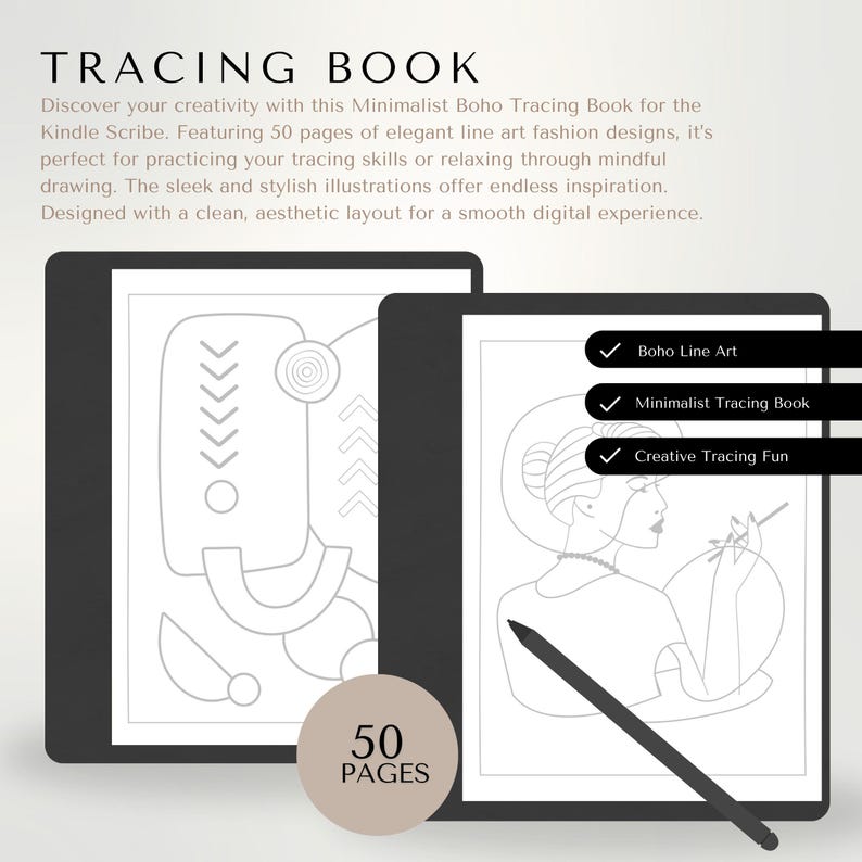 Digital tracing book for Kindle Scribe with 50 pages of minimalist boho line art. Includes abstract shapes, hands, faces, and leaves designs. Perfect for stylus tracing, digital drawing, and mindfulness. Reusable high-resolution PDF for e-ink tablets. Ideal for boho art lovers, creative focus, and relaxing sketch practice. Upload easily via Send to Kindle and enjoy paperless digital art. Instant Download, Kindle Scribe Tracing Book, Kindle Scribe Templates