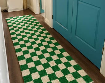 Handmade Moroccan Wool Runner Rug: Green & White Checkered Berber Carpet