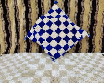Handwoven Moroccan Wool Pillow: Blue & White Checkered Boho Cushion