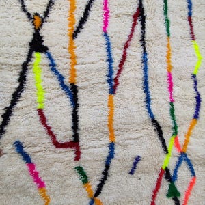 K&ouml;nnte beinhalten: Cremefarbener Teppich mit strukturierter Oberfl&auml;che und einem lebendigen geometrischen Muster. Das Design zeigt schwarze, rote, gelbe, blaue, orange, gr&uuml;ne und rosa Linien und Formen, die eine farbenfrohe und moderne &Auml;sthetik schaffen.