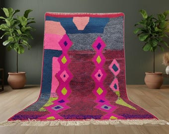 Custom Size Colorful Moroccan Rug, Handmade Wool Azilal Style, Vibrant Pink Boho Area Rug