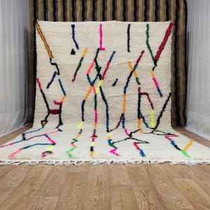 K&ouml;nnte beinhalten: Cremefarbener Teppich mit einem geometrischen Design mit bunten Linien in Blau, Orange, Pink, Gr&uuml;n und Schwarz. Der Teppich hat einen Fransenrand und liegt auf einem Holzboden.