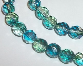 Preciosa Czech fire polished glass ROUND faceted  Beads Green and teal luster ---  Full strand - Available 4mm, 6mm and 8mm