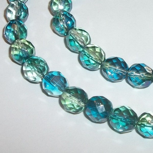 Preciosa Czech fire polished glass ROUND faceted  Beads Green and teal luster ---  Full strand - Available 4mm, 6mm and 8mm