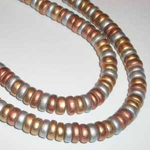 Clearance 200 Rondelle Wood beads, 8x4mm  waxed dyed wooden beads for jewelry making -- Metallic gold/silver/copper 2 strands 16 inches each