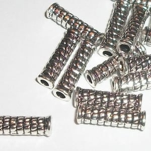 Clearance Tube beads, Antique silver plated pewter 14x4mm tube shaped brick pattern spacer beads -- 50 pieces  (9035)