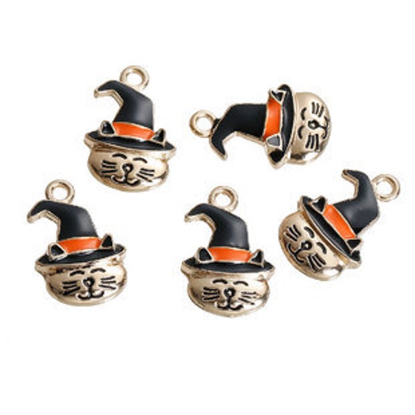 5 Cat Hat Halloween enamel charm Gold plated pendants for jewelry making 24x15mm 5 charms Orange black craft supplies (C907)