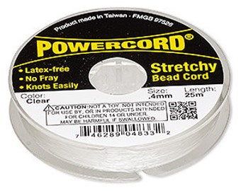May include: A clear Powercord stretchy bead cord spool. The label reads "Powercord Stretchy Bead Cord" with the text "Latex-free", "No Fray", and "Knots Easily". The spool is .4mm in size and 25m in length.
