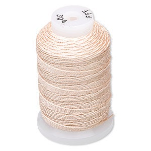 May include: A spool of light beige thread with a white plastic base and top. The top of the spool has the number "304." printed on it. The thread is tightly wound around the spool.