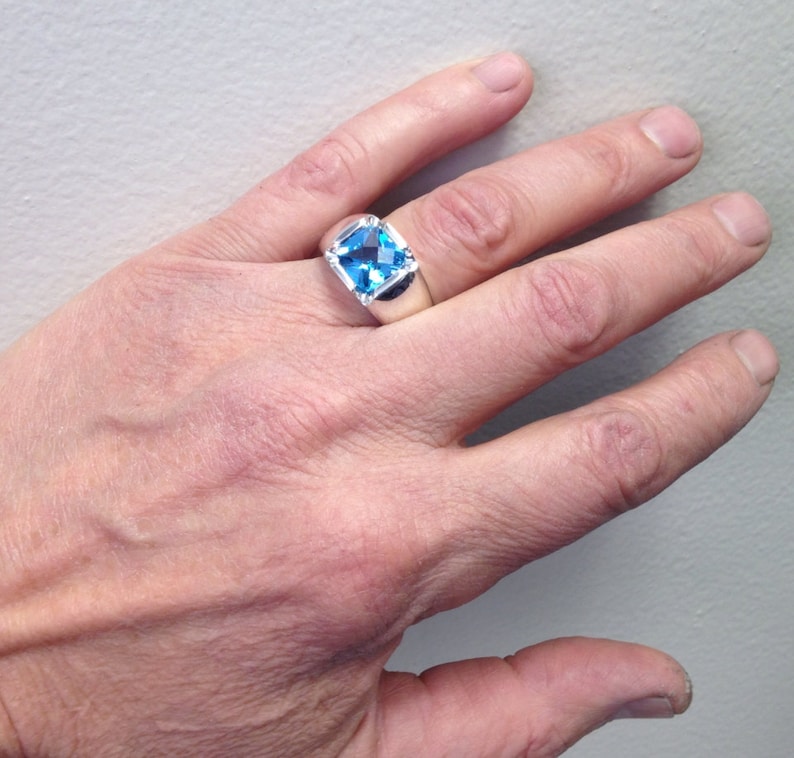 Mens Stunning Antique Cushion Cut Natural Swiss Blue Topaz Ring in Solid Sterling Silver image 4