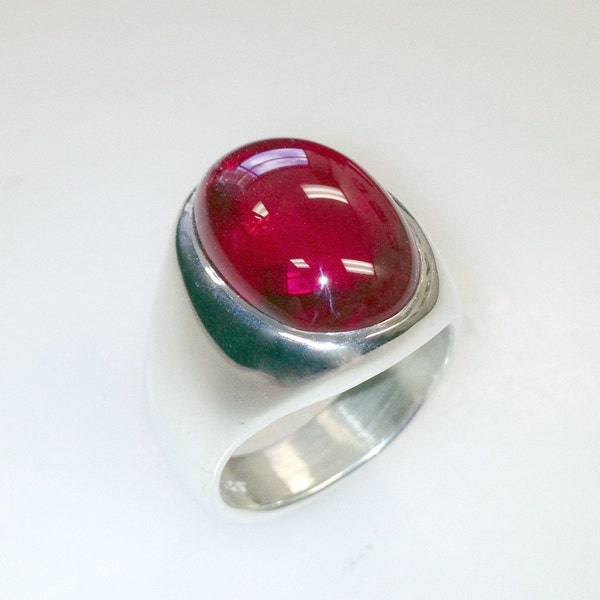 Mens Classic Style Extra Heavyweight Lab Created Ruby Ring in Solid Sterling Silver