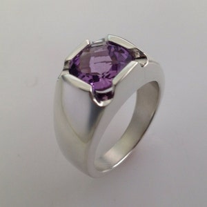 Mens Stunning Antique Cushion Checkerboard Cut Amethyst Ring in Solid ...