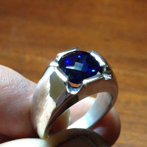 Mens Stunning Antique Cushion Checkerboard Cut Sapphire Ring in Solid Sterling Silver