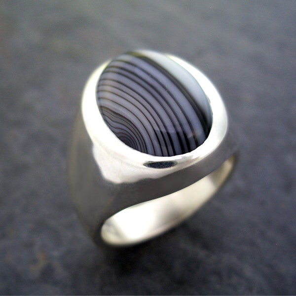 Mens Heavy Oval Black Lace Agate Ring in Solid Sterling