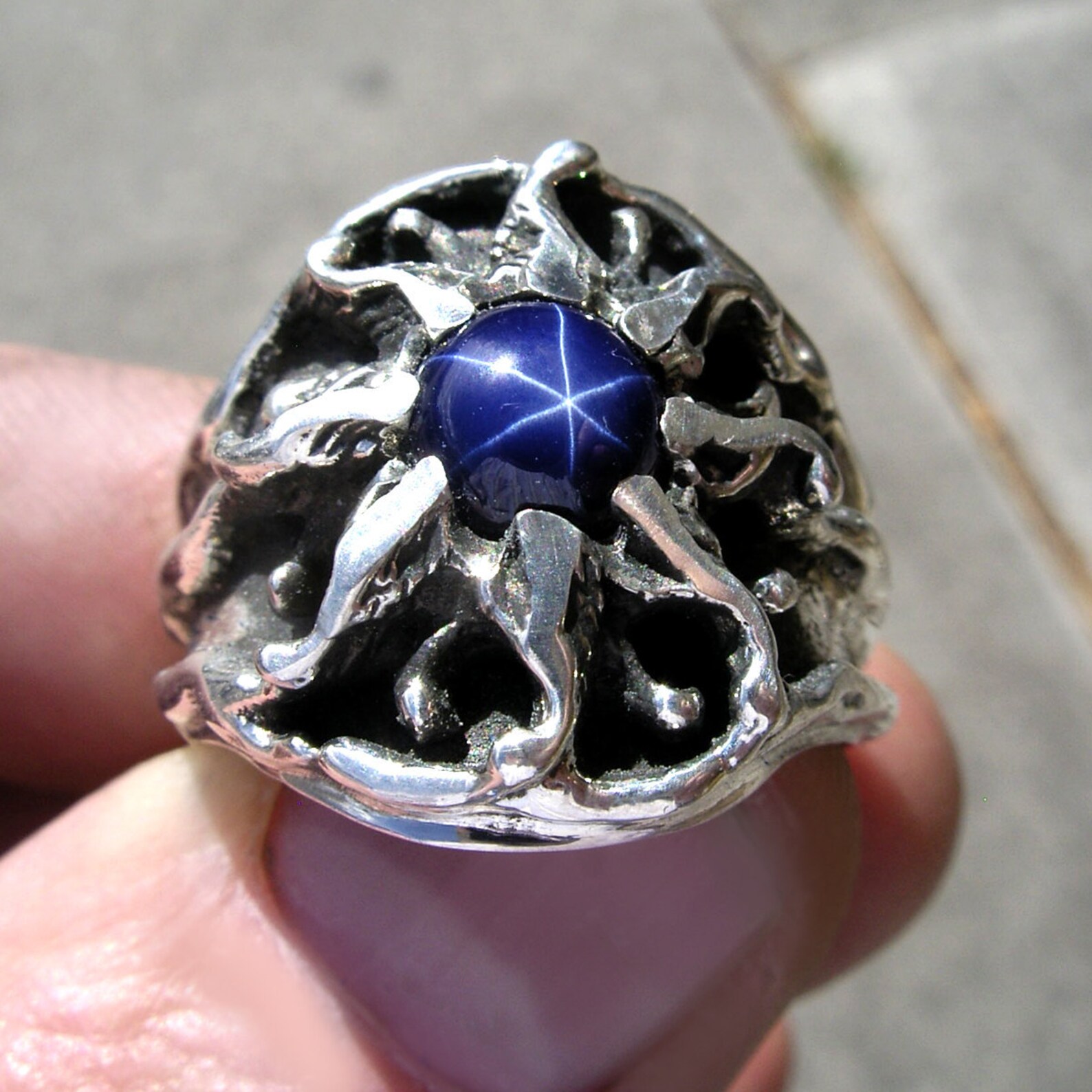 Vintage Design Sterling Silver Mens Sunburst Ring With a Star Sapphire ...