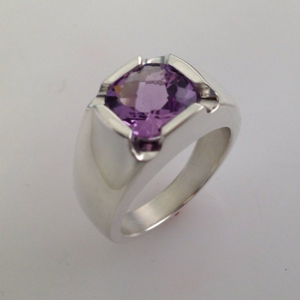 Mens Stunning Antique Cushion Checkerboard Cut Amethyst Ring in Solid Sterling Silver