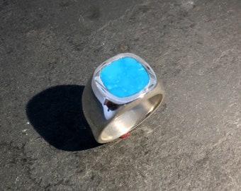 Mens Heavy Sterling Silver Antique Cushion Shape  Turquoise ring.