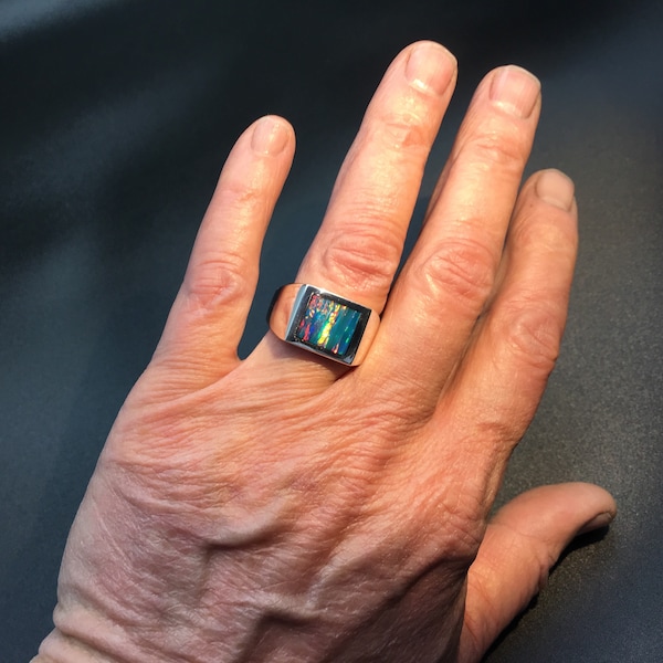Mens Square Kyocera Opal Heavy Sterling Silver Ring