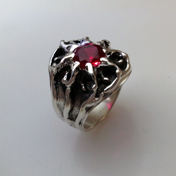 Unique Mens Sunburst Sterling Silver Ring with Lab Created Ruby